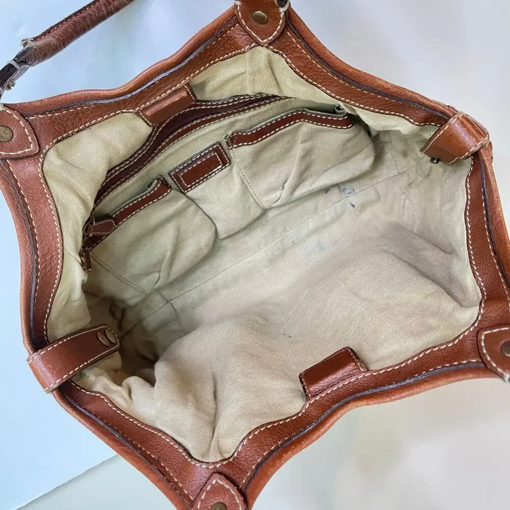 Cole Haan Paige Brown Crochet Woven Leather Double Handle Hobo Bag Purse
